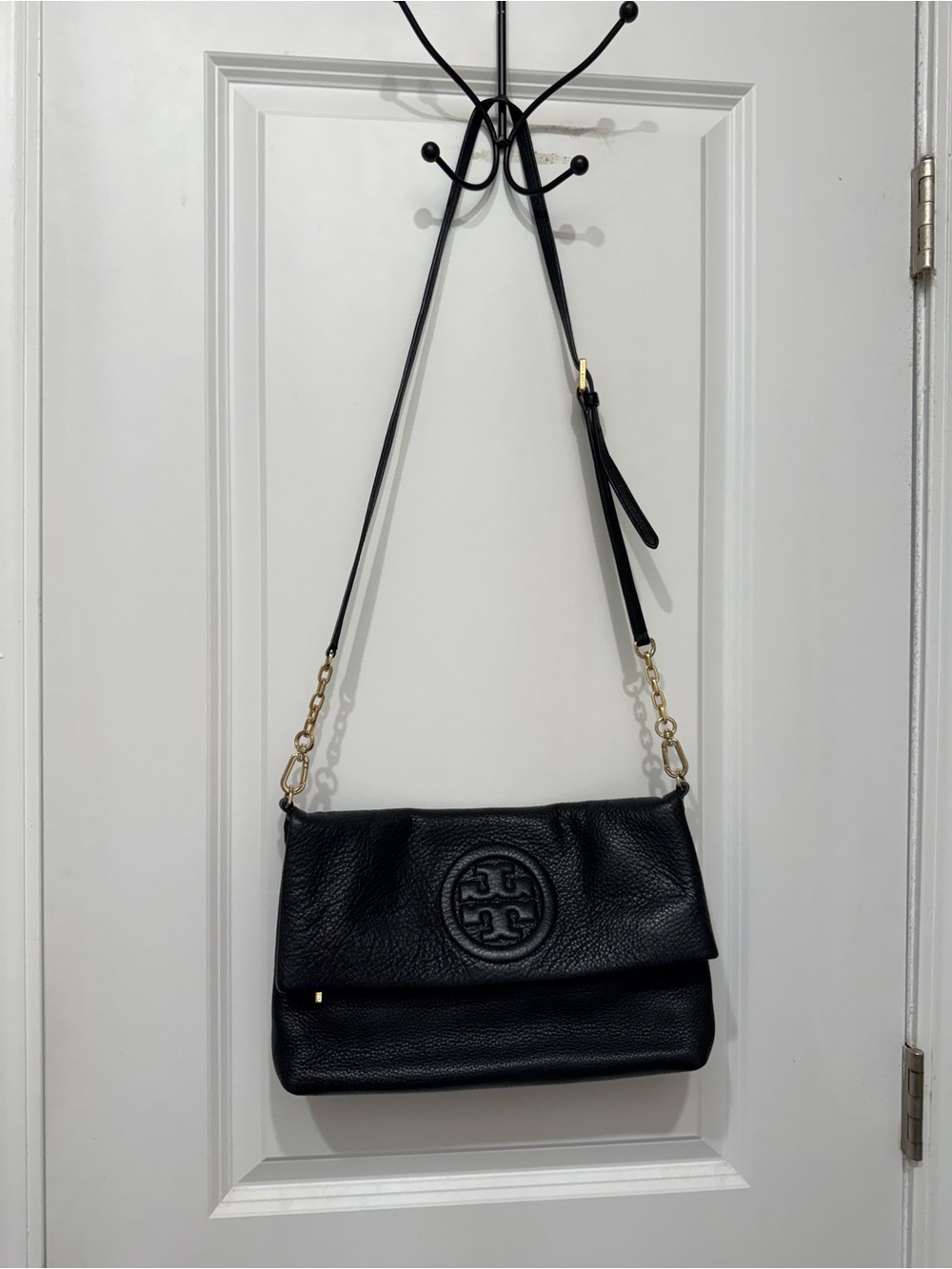 Tory Burch Black Pebbled Leather Fold-Over Crossbody with Gold Hardware